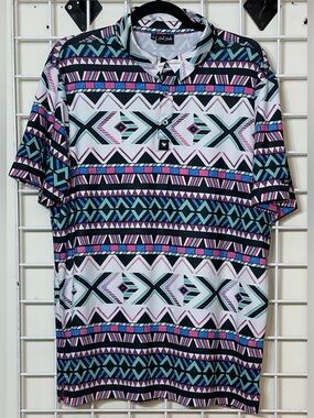 Bad Birdie Multicolor Geometric Aztec Polo in Teal, Pink, Black & White Size L